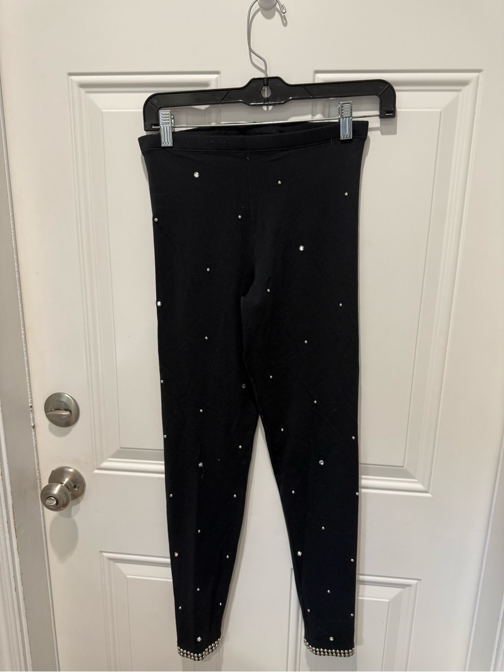 Black Embellished Leggings with Rhinestone Trim